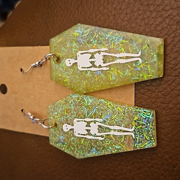 3/$20 Glow in the Dark Metallic Neon Resin Skelton Coffin Gasparilla Earrings - Picture 2 of 3